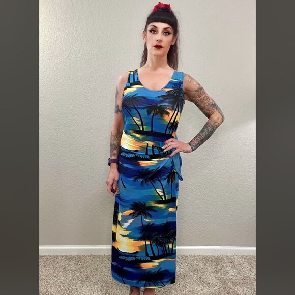 90s Vintage Hawaiian Janana's Tropical Tiki Dress Sunset Sheath Boho Vacation L - Picture 1 of 10
